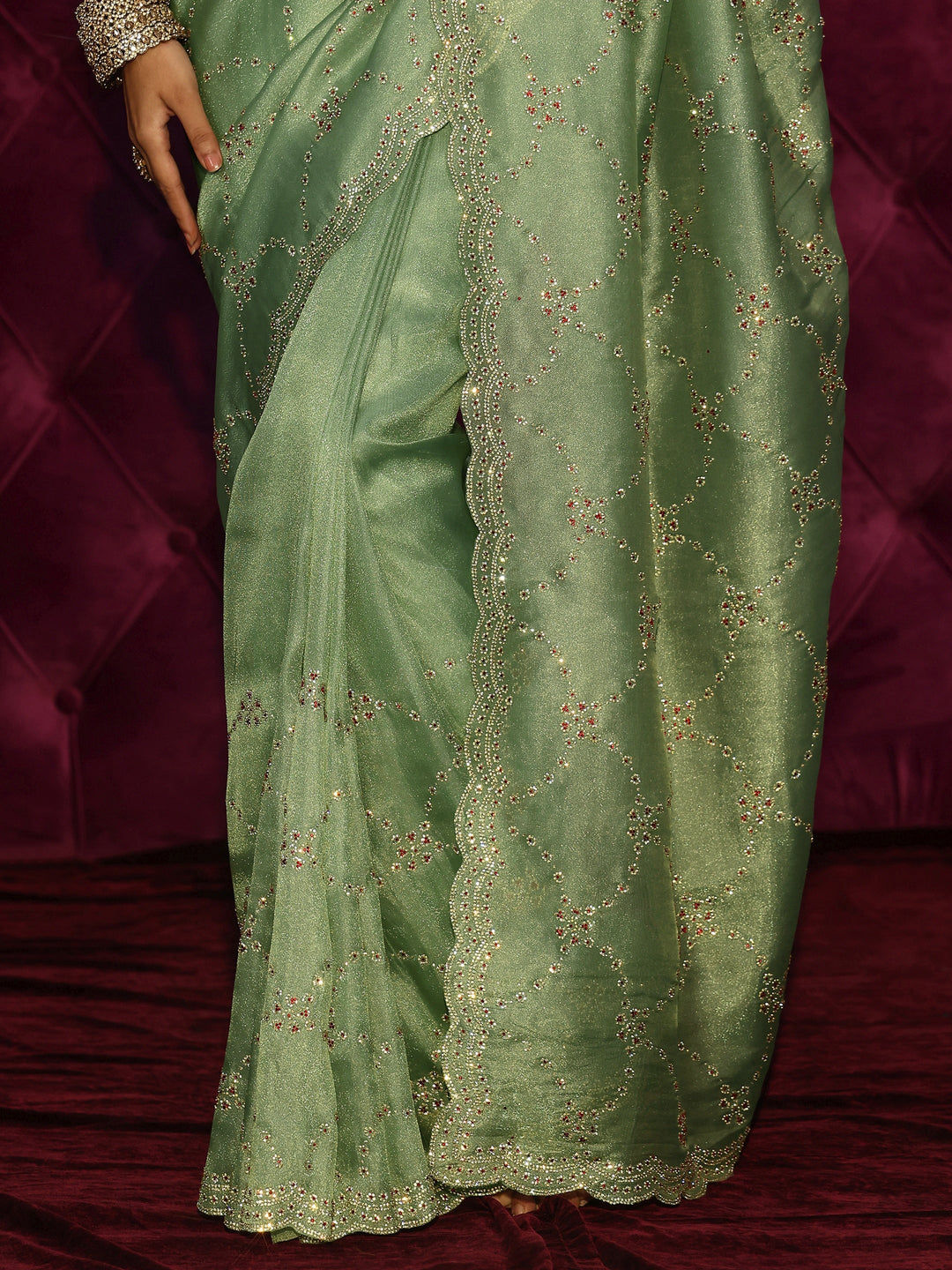  Libas Art Green Stone Work Embellished Tissue Saree 