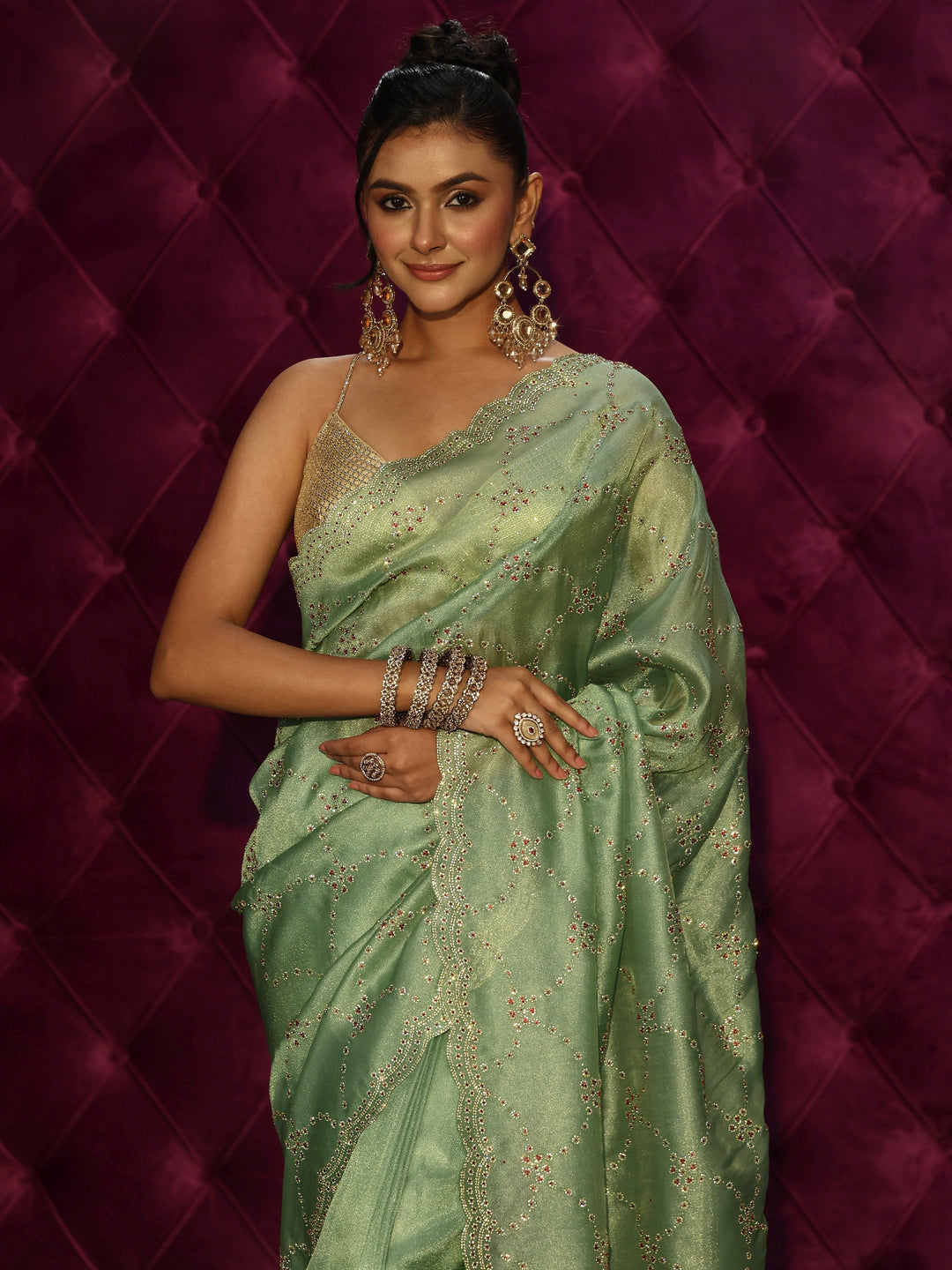  Libas Art Green Stone Work Embellished Tissue Saree 