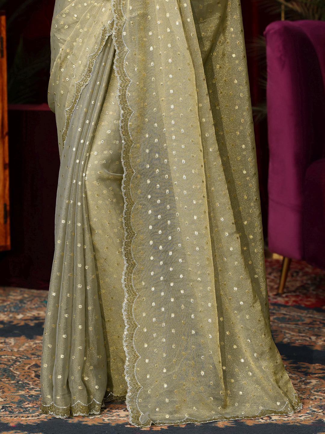  Libas Moss Green Tissue Saree with Embellished Border 