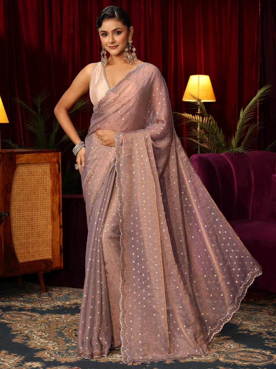  Libas Lavender Tissue Saree with Embellished Border 