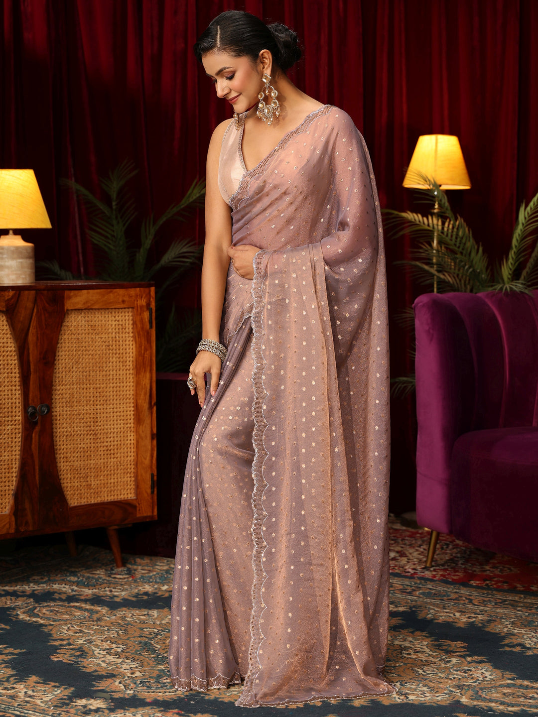  Libas Lavender Tissue Saree with Embellished Border 