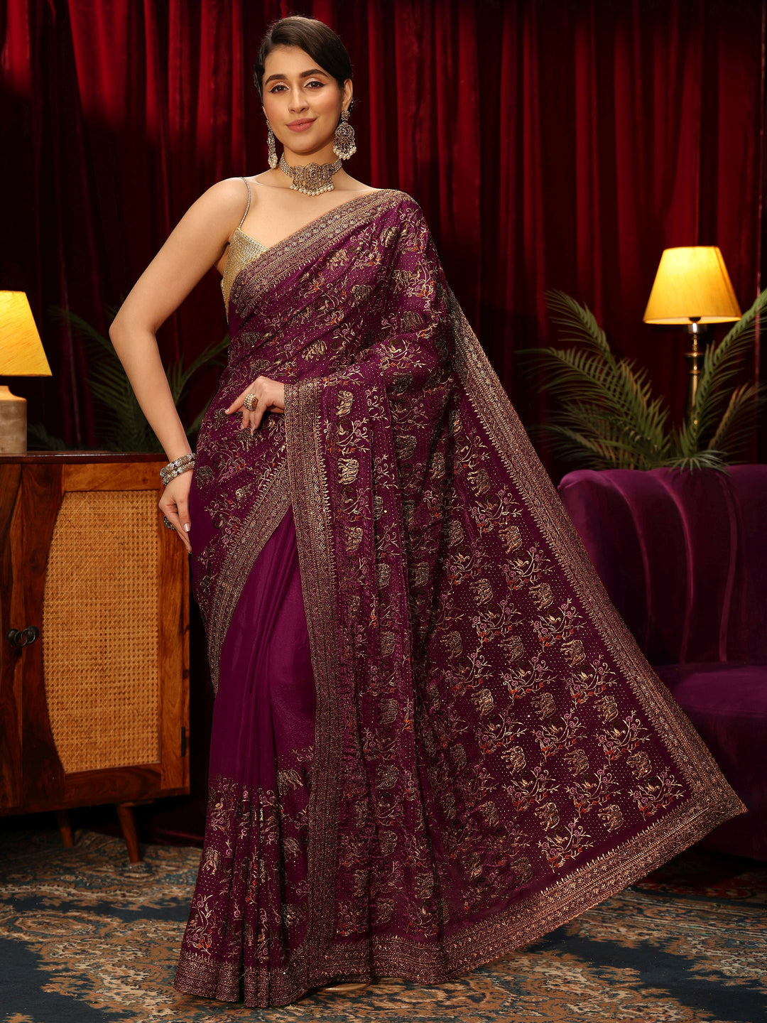  Libas Wine Animal Motif Stone Work Tissue Saree 