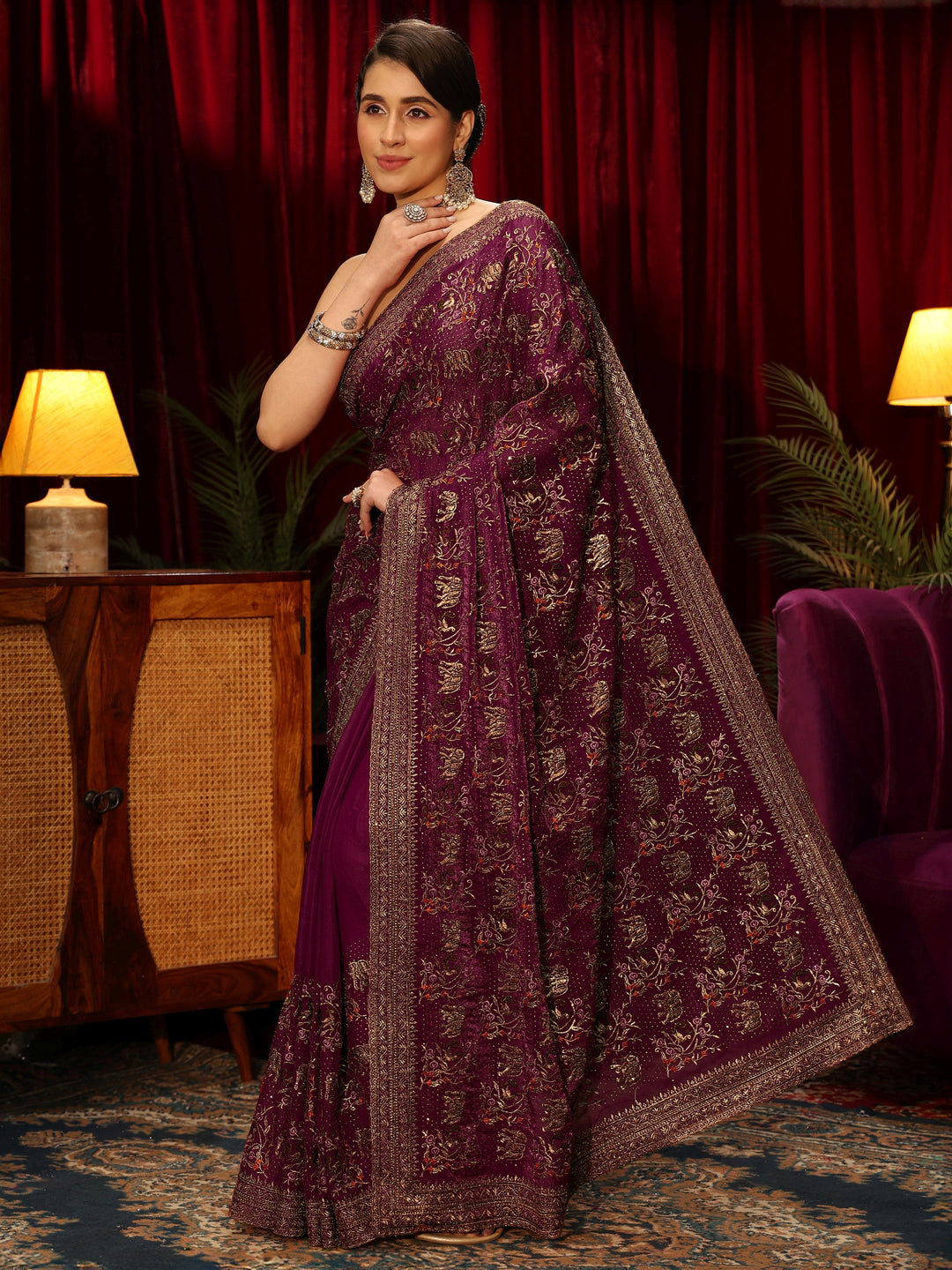  Libas Wine Animal Motif Stone Work Tissue Saree 
