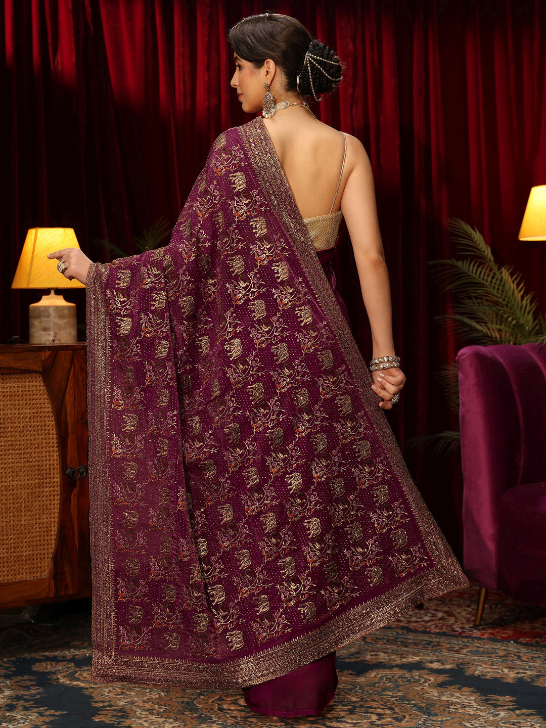  Libas Wine Animal Motif Stone Work Tissue Saree 