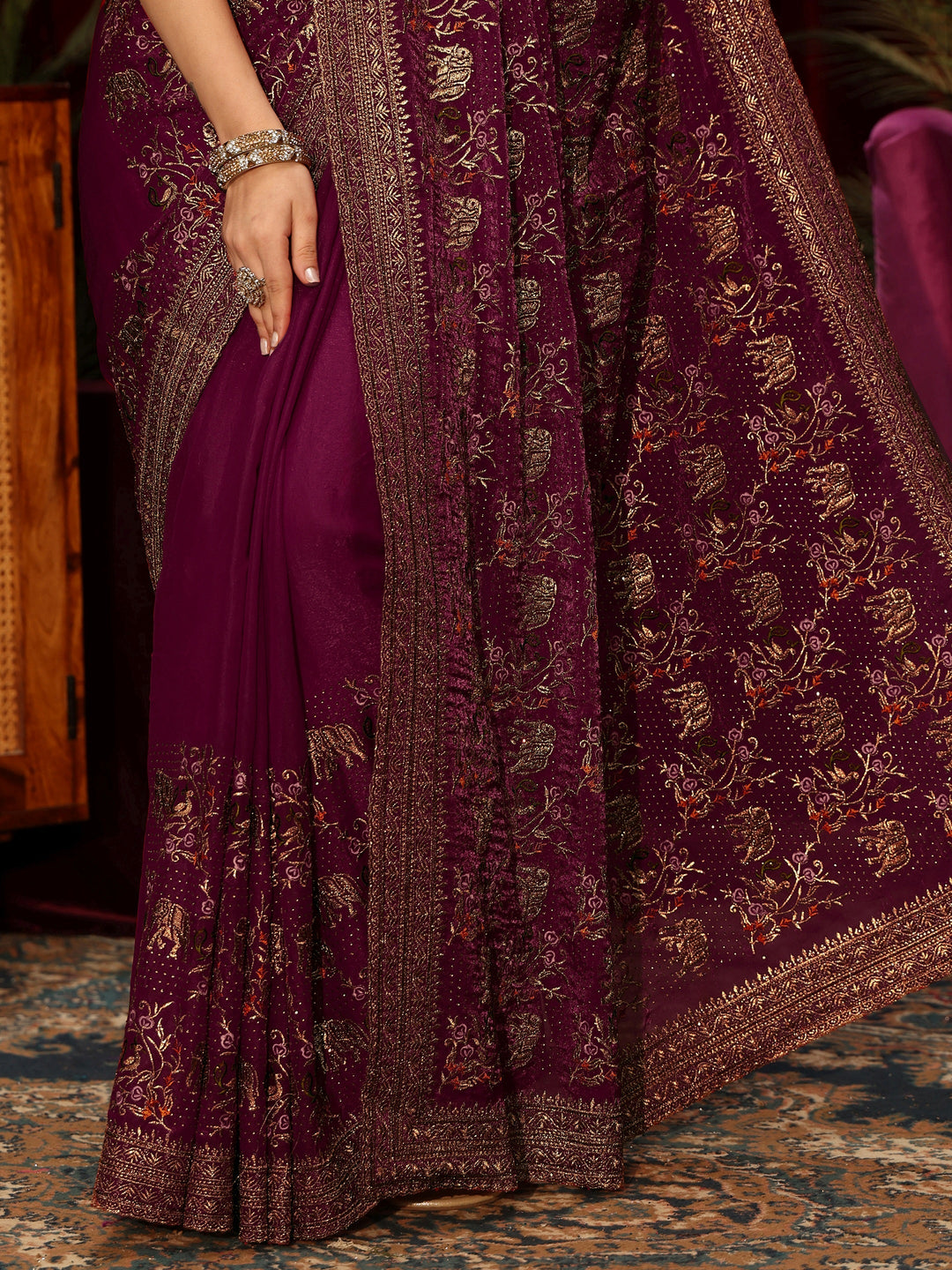  Libas Wine Animal Motif Stone Work Tissue Saree 