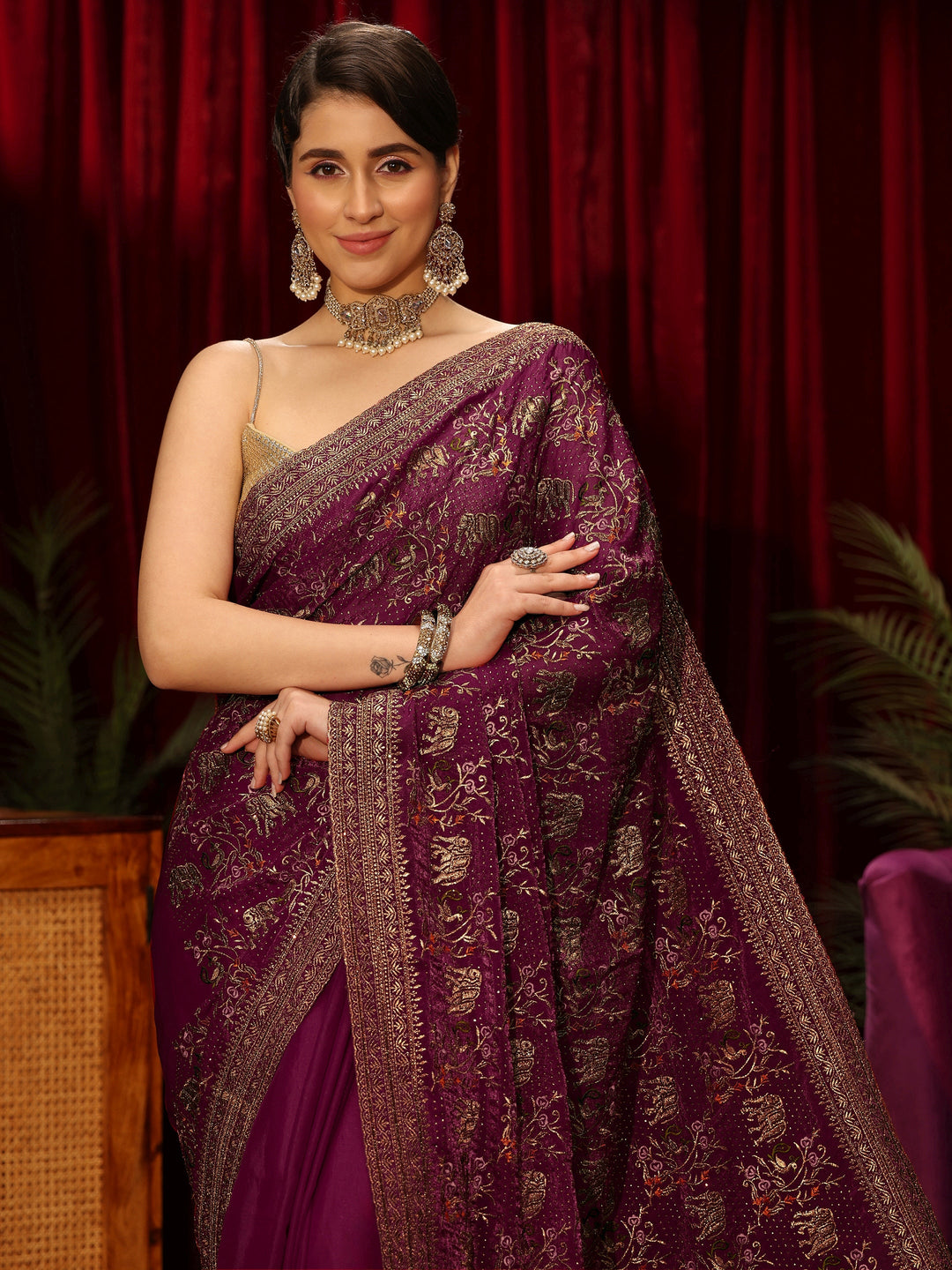  Libas Wine Animal Motif Stone Work Tissue Saree 