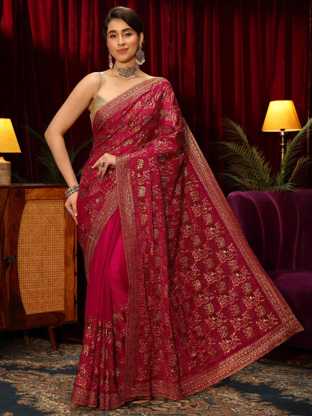  Libas Rani Pink Animal Motif Stone Work Tissue Saree 