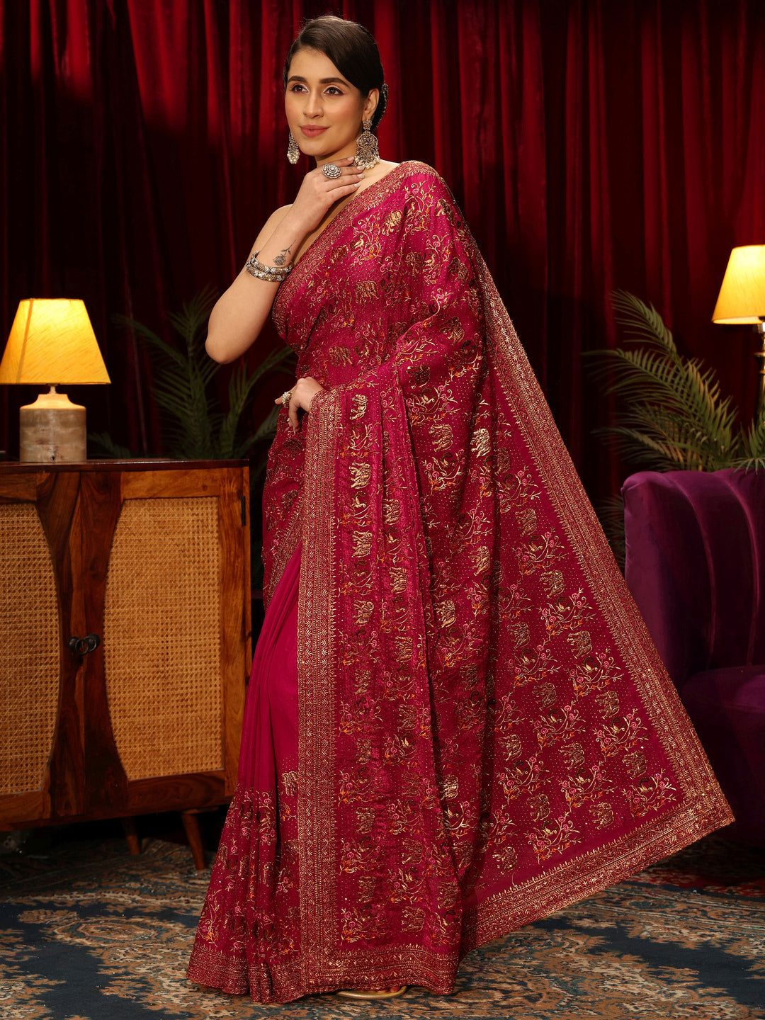  Libas Rani Pink Animal Motif Stone Work Tissue Saree 