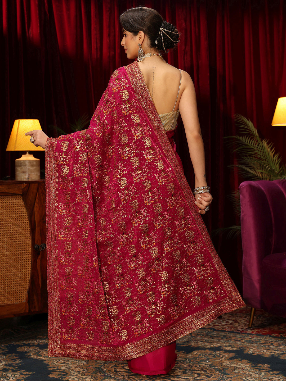  Libas Rani Pink Animal Motif Stone Work Tissue Saree 