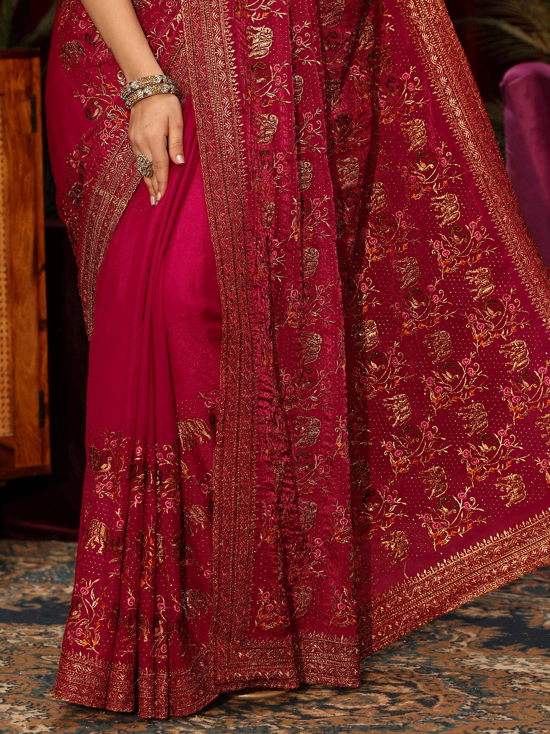  Libas Rani Pink Animal Motif Stone Work Tissue Saree 