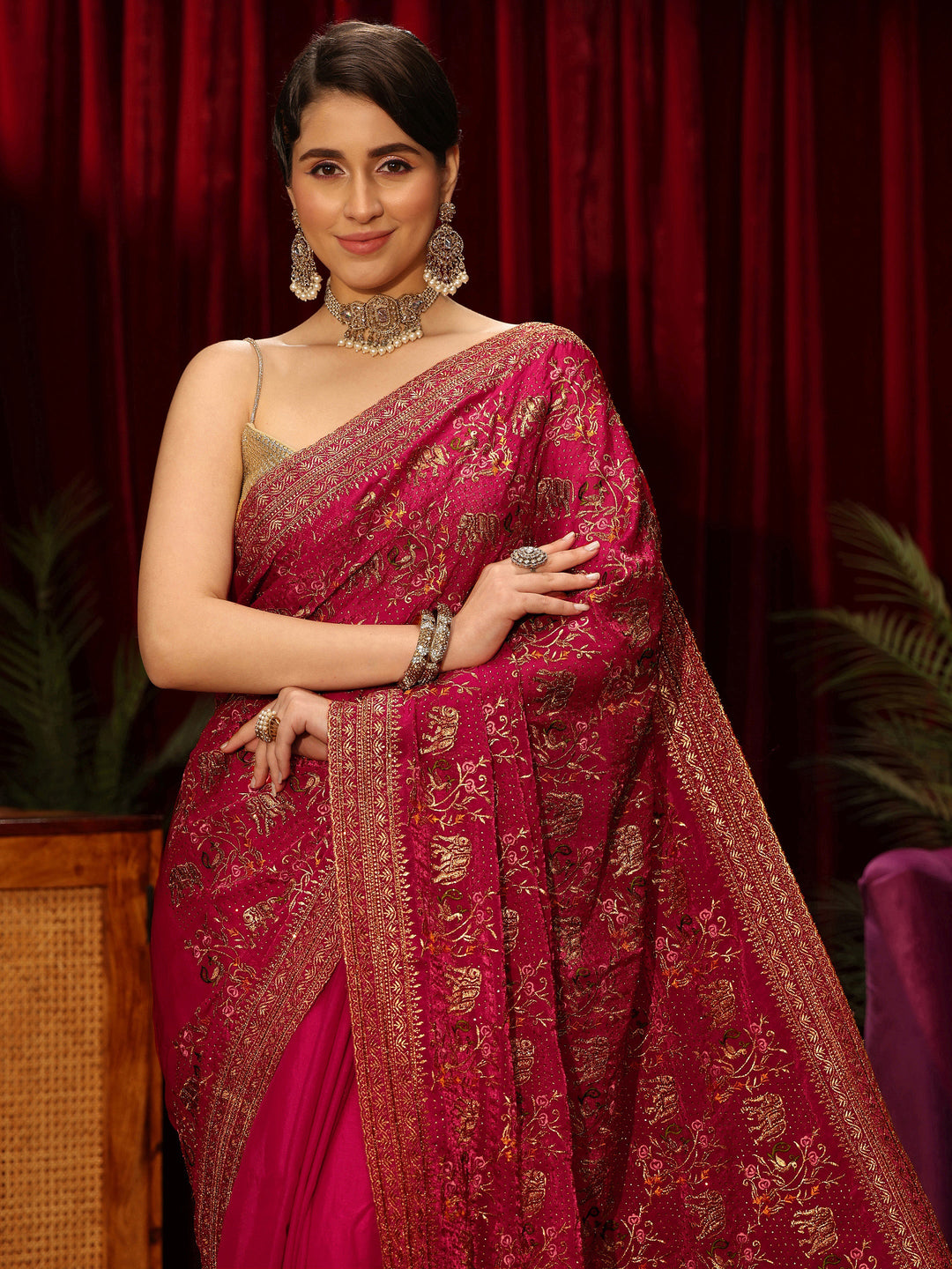  Libas Rani Pink Animal Motif Stone Work Tissue Saree 