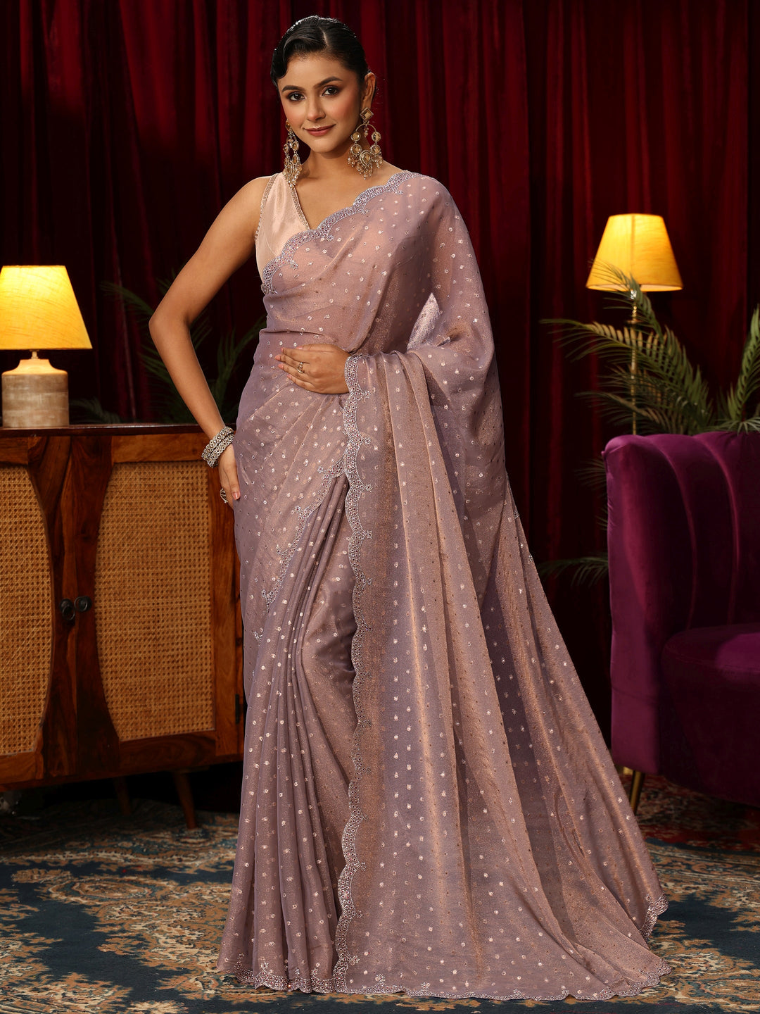  Libas Lavender Tissue Saree with Embellished Border 