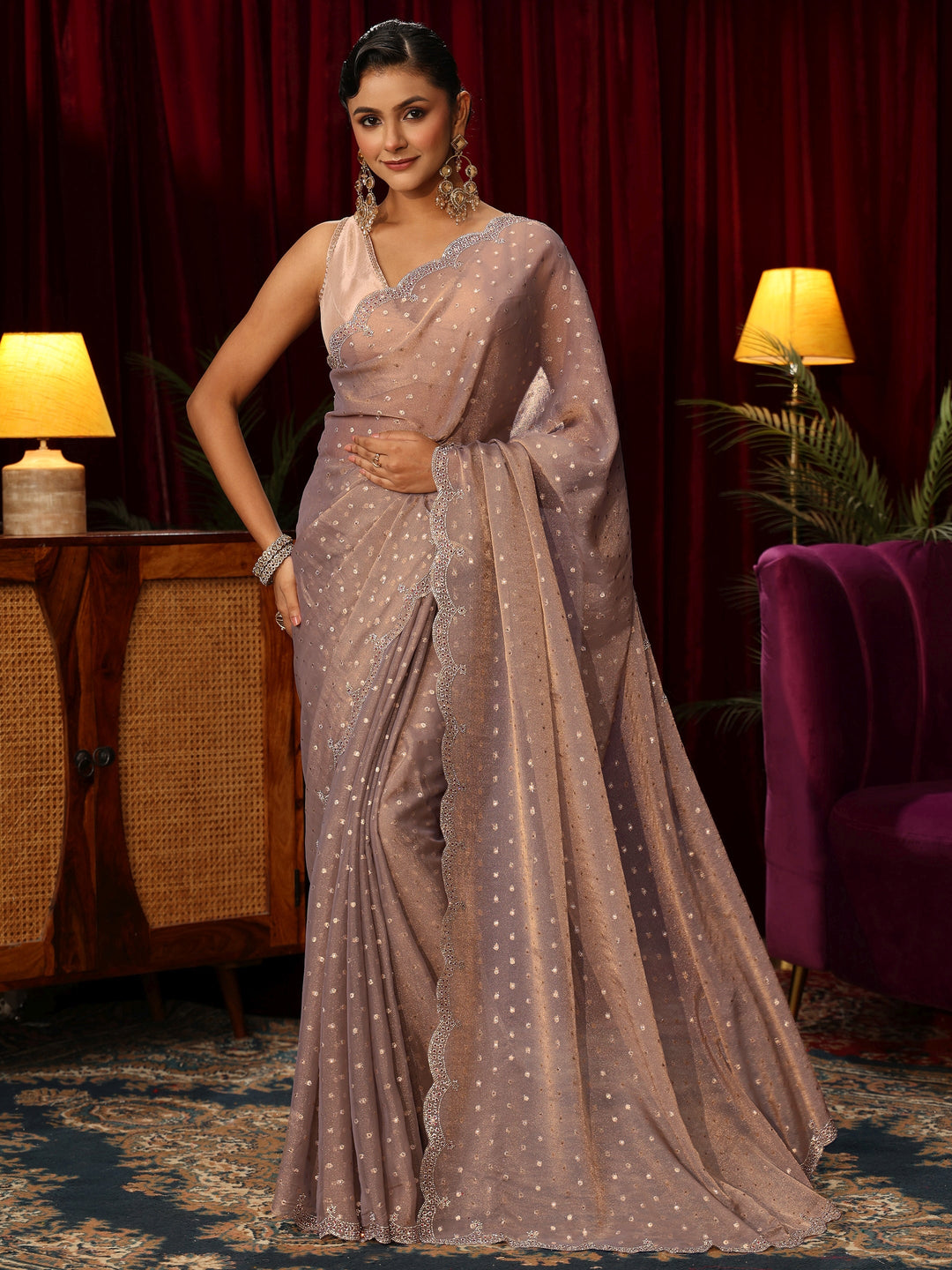  Libas Taupe Tissue Saree with Embellished Border 