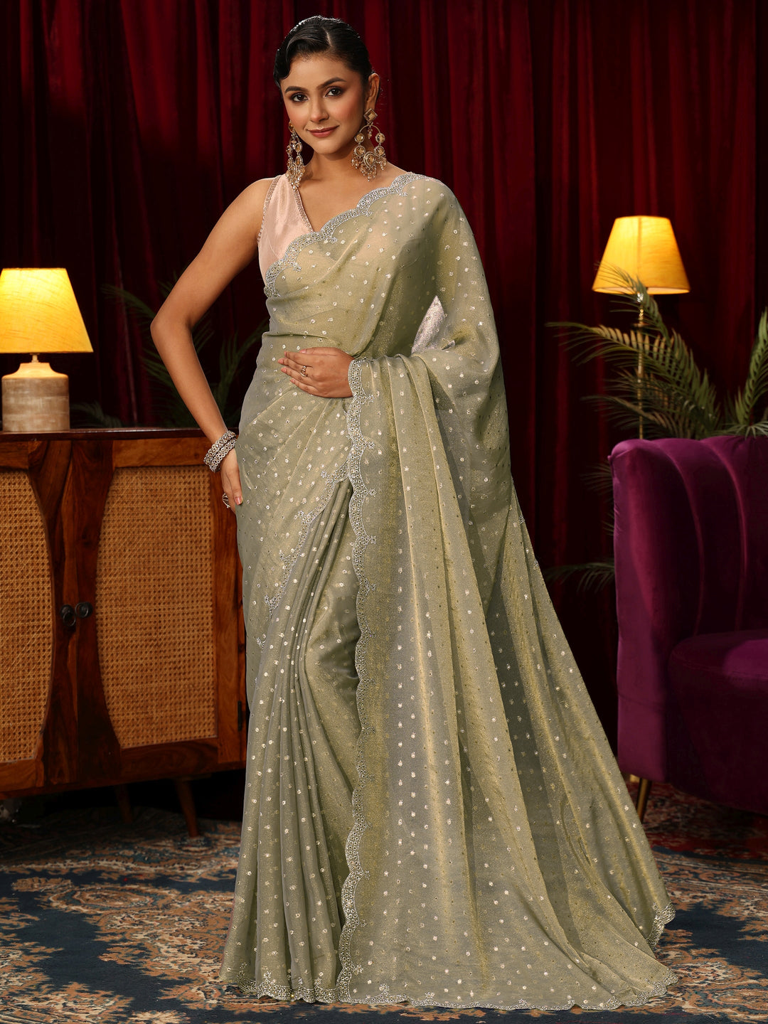  Libas Green Tissue Saree with Embellished Border 
