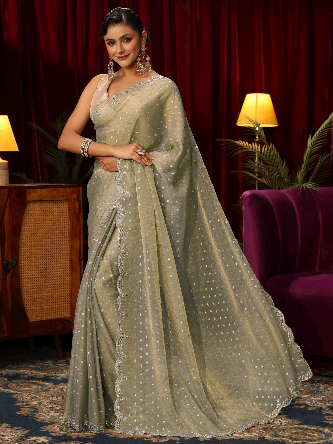  Libas Green Tissue Saree with Embellished Border 