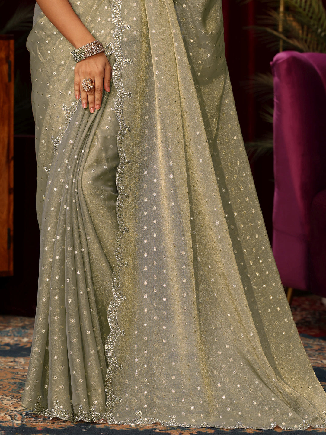  Libas Green Tissue Saree with Embellished Border 