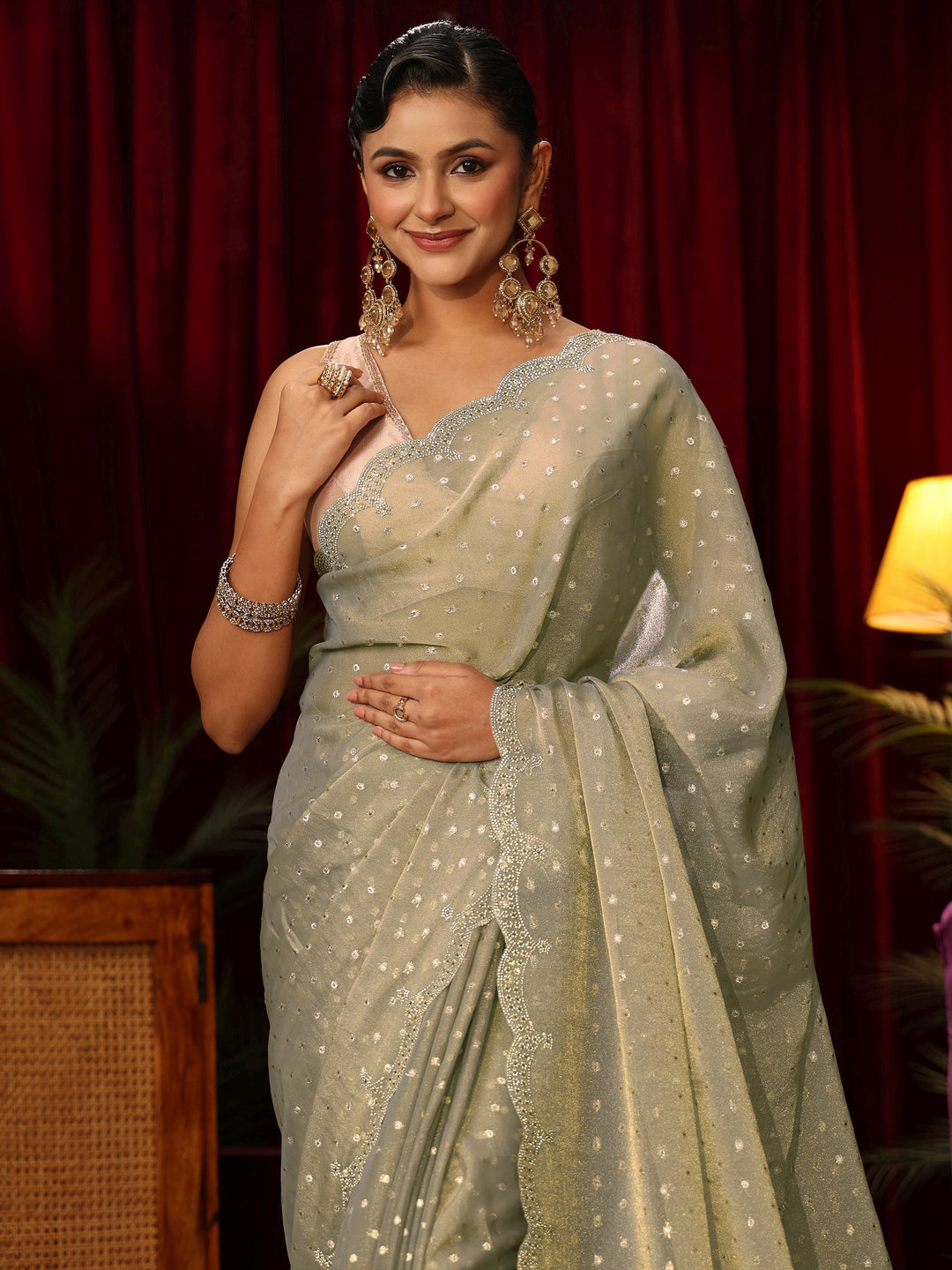  Libas Green Tissue Saree with Embellished Border 
