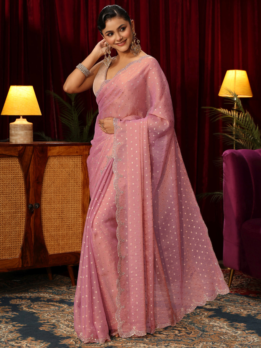  Libas Pink Tissue Saree with Embellished Border 