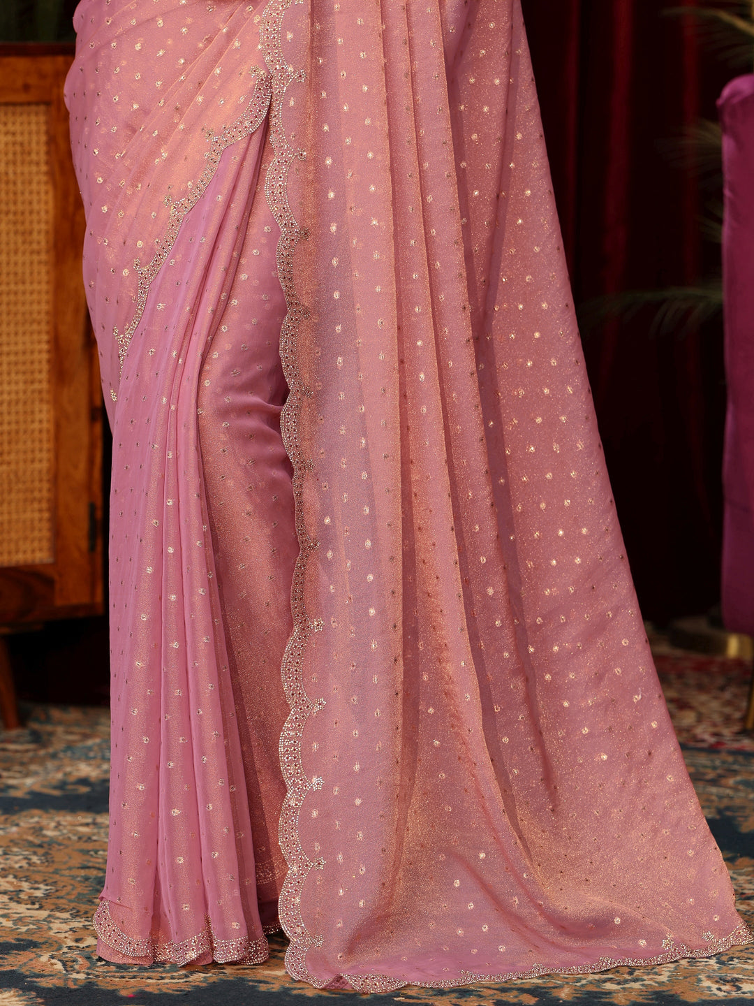  Libas Pink Tissue Saree with Embellished Border 
