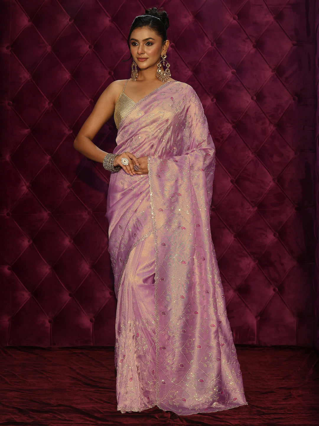  Libas Art Lavender Floral Stone Work Embellished Tissue Saree 