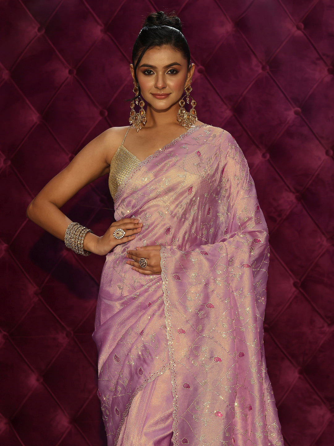  Libas Art Lavender Floral Stone Work Embellished Tissue Saree 