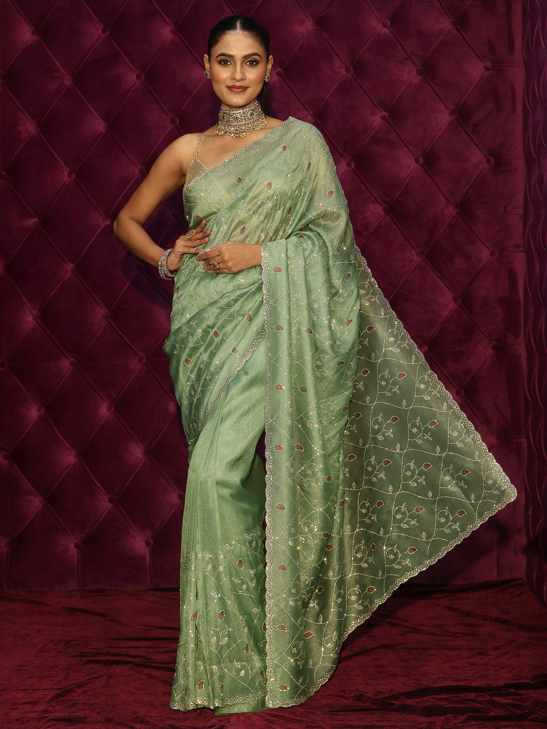  Libas Art Green Floral Stone Work Embellished Tissue Saree 