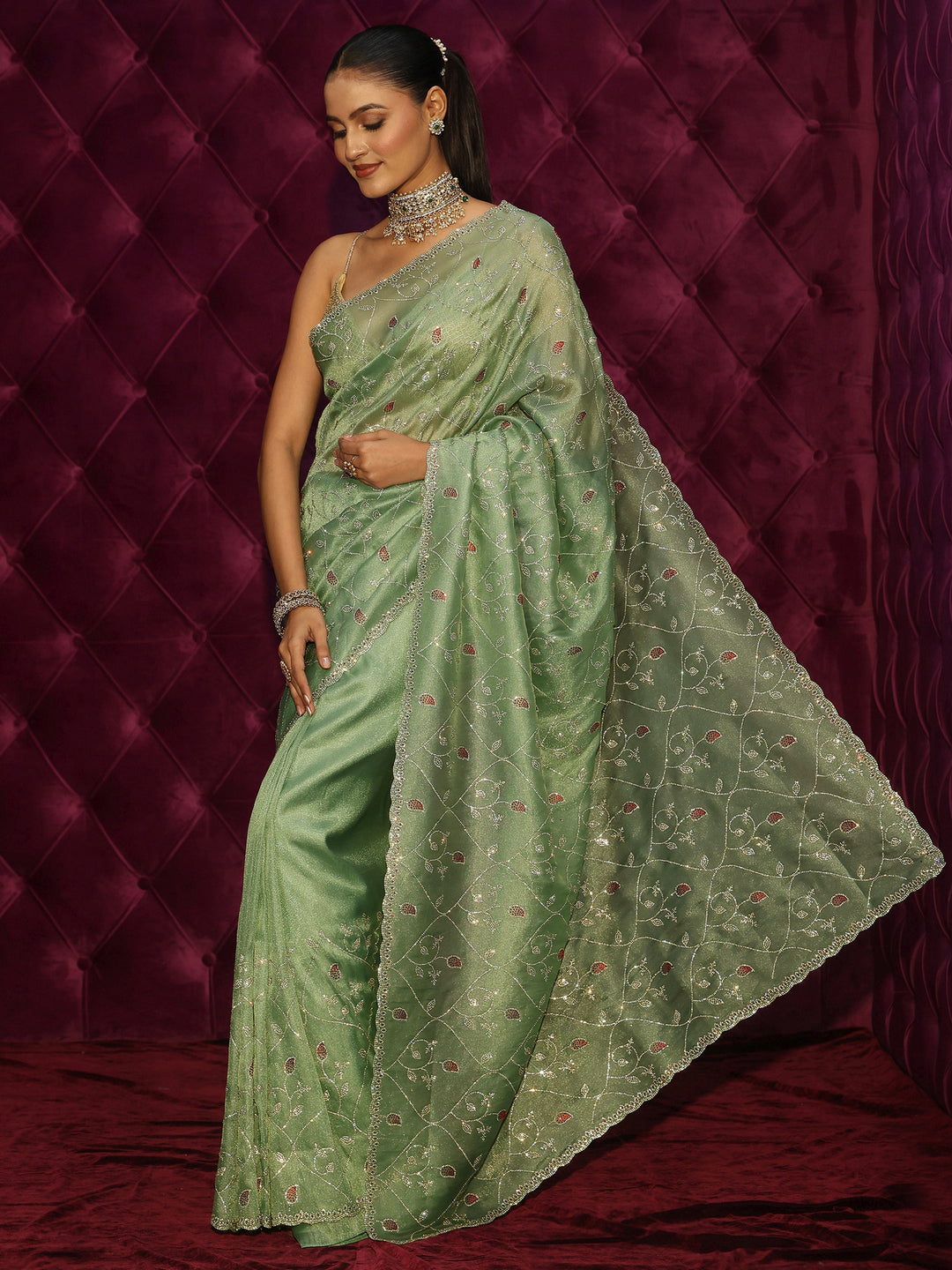  Libas Art Green Floral Stone Work Embellished Tissue Saree 