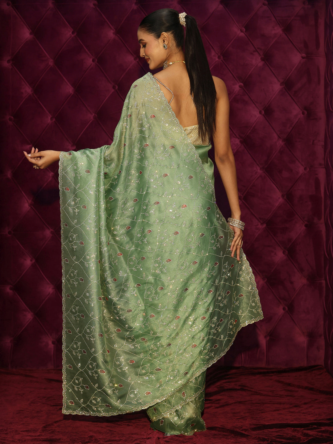  Libas Art Green Floral Stone Work Embellished Tissue Saree 