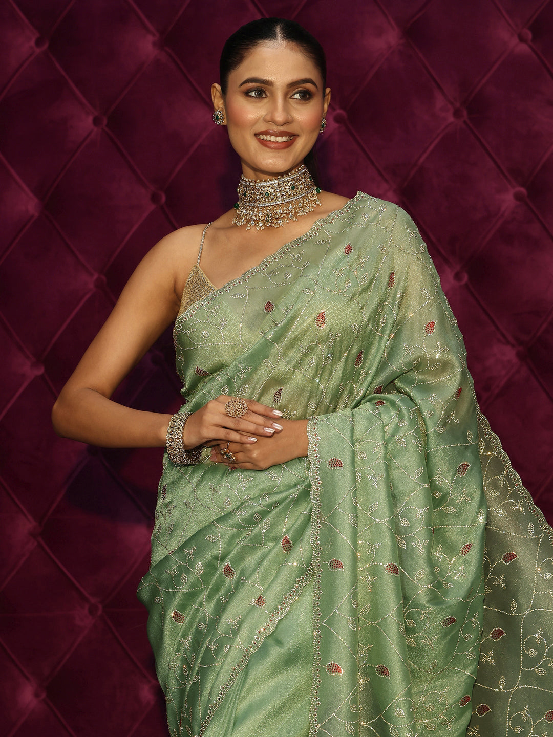  Libas Art Green Floral Stone Work Embellished Tissue Saree 