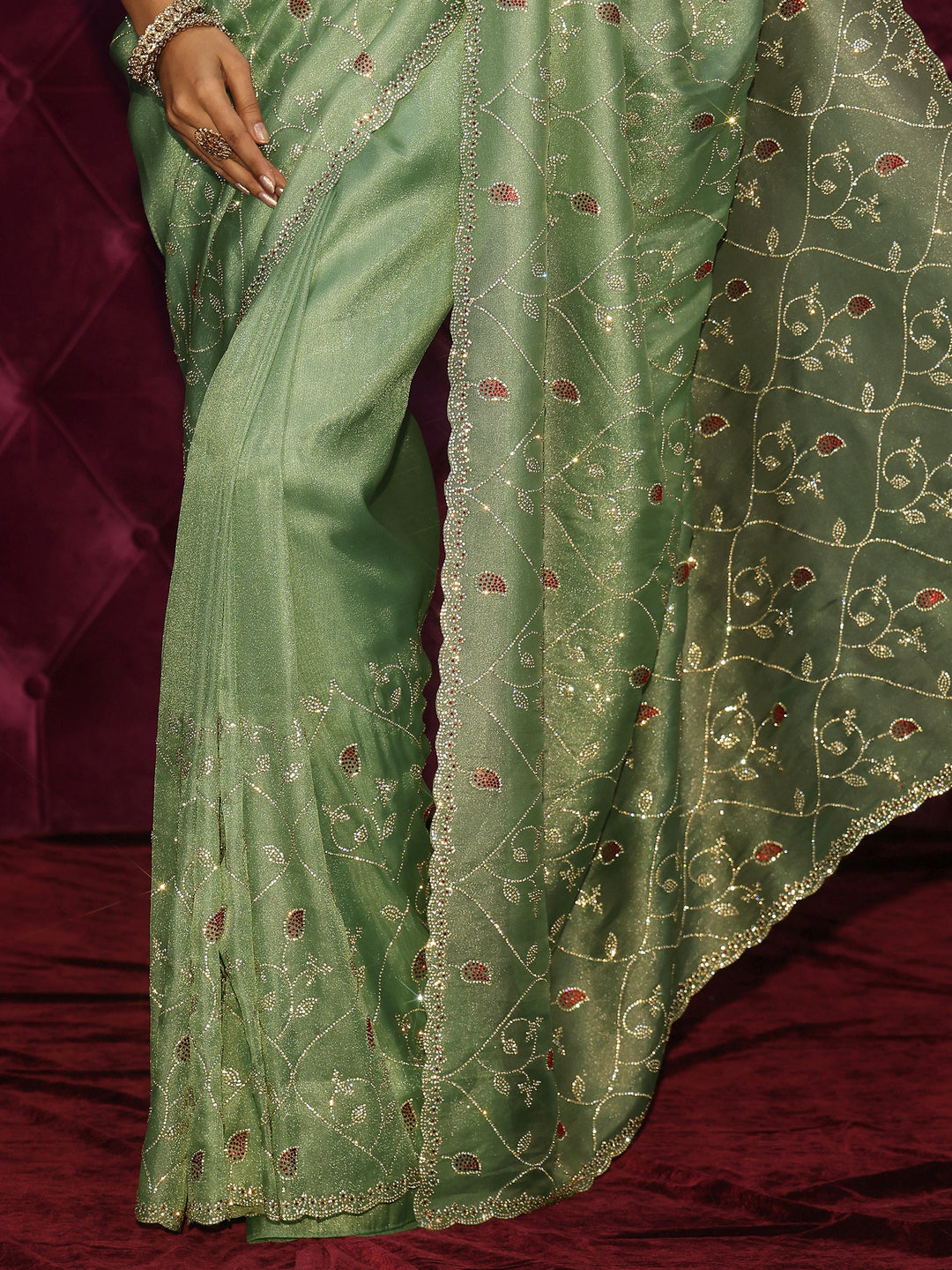  Libas Art Green Floral Stone Work Embellished Tissue Saree 