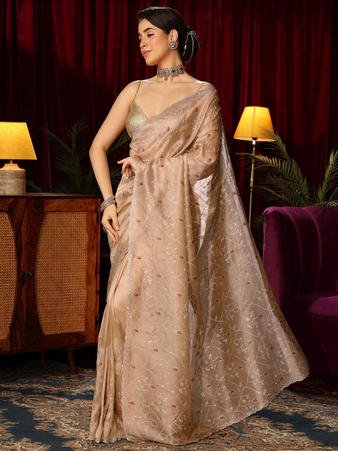  Libas Art Golden Floral Stone Work Tissue Saree 