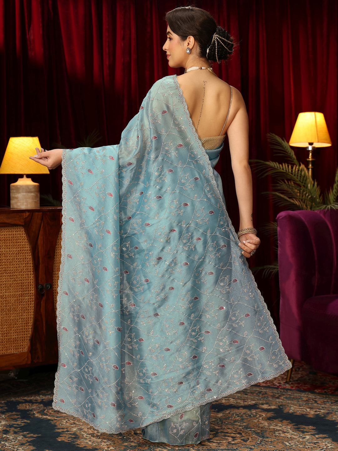  Libas Art Blue Floral Stone Work Tissue Saree 