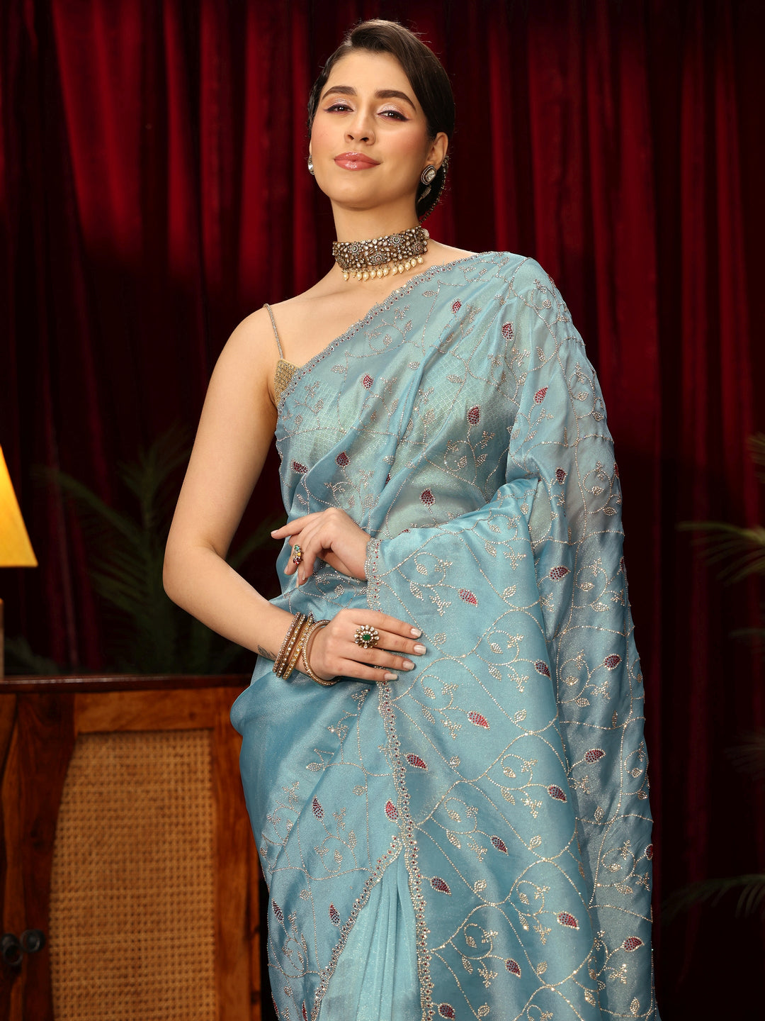  Libas Art Blue Floral Stone Work Tissue Saree 