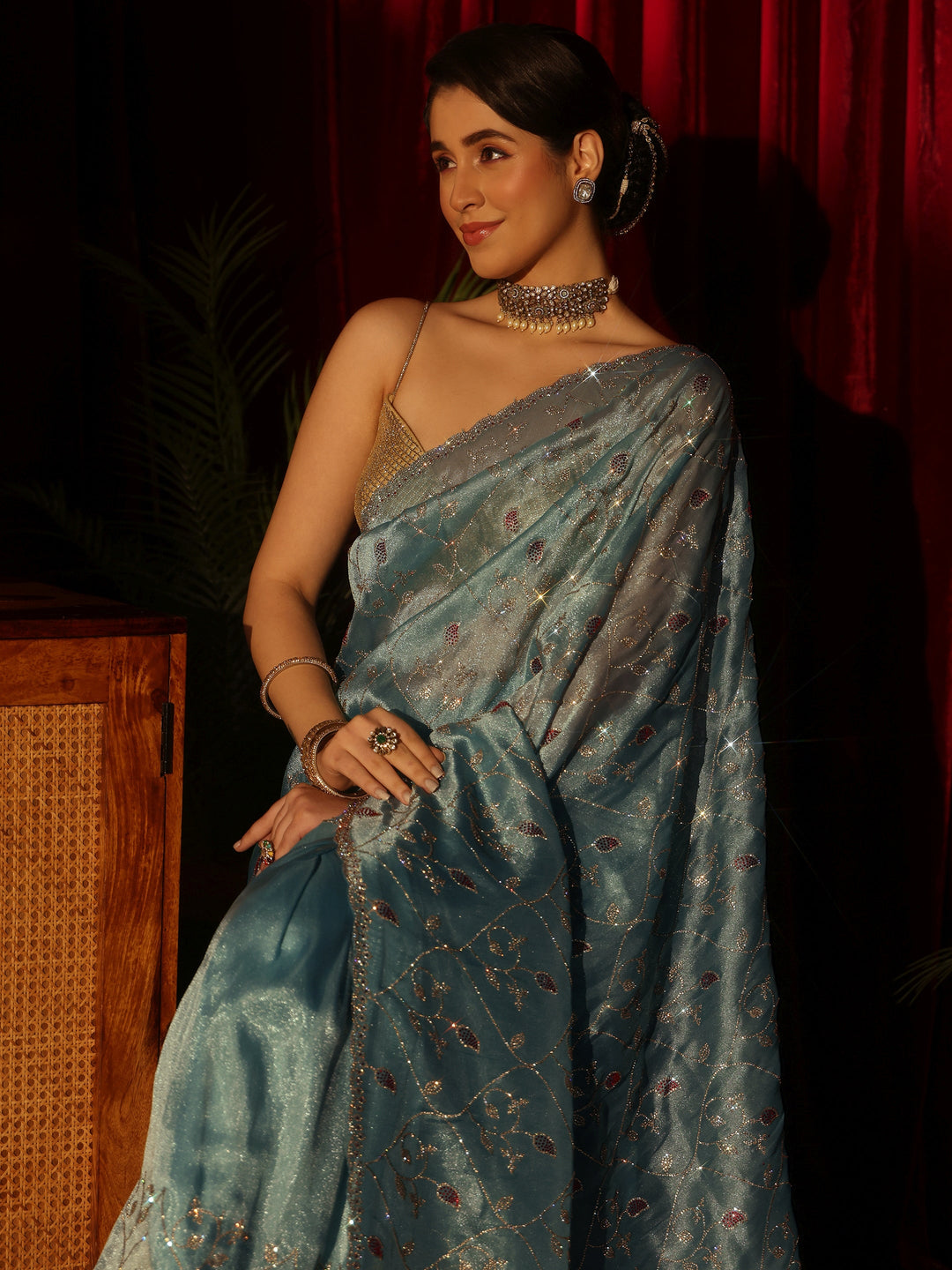  Libas Art Blue Floral Stone Work Tissue Saree 