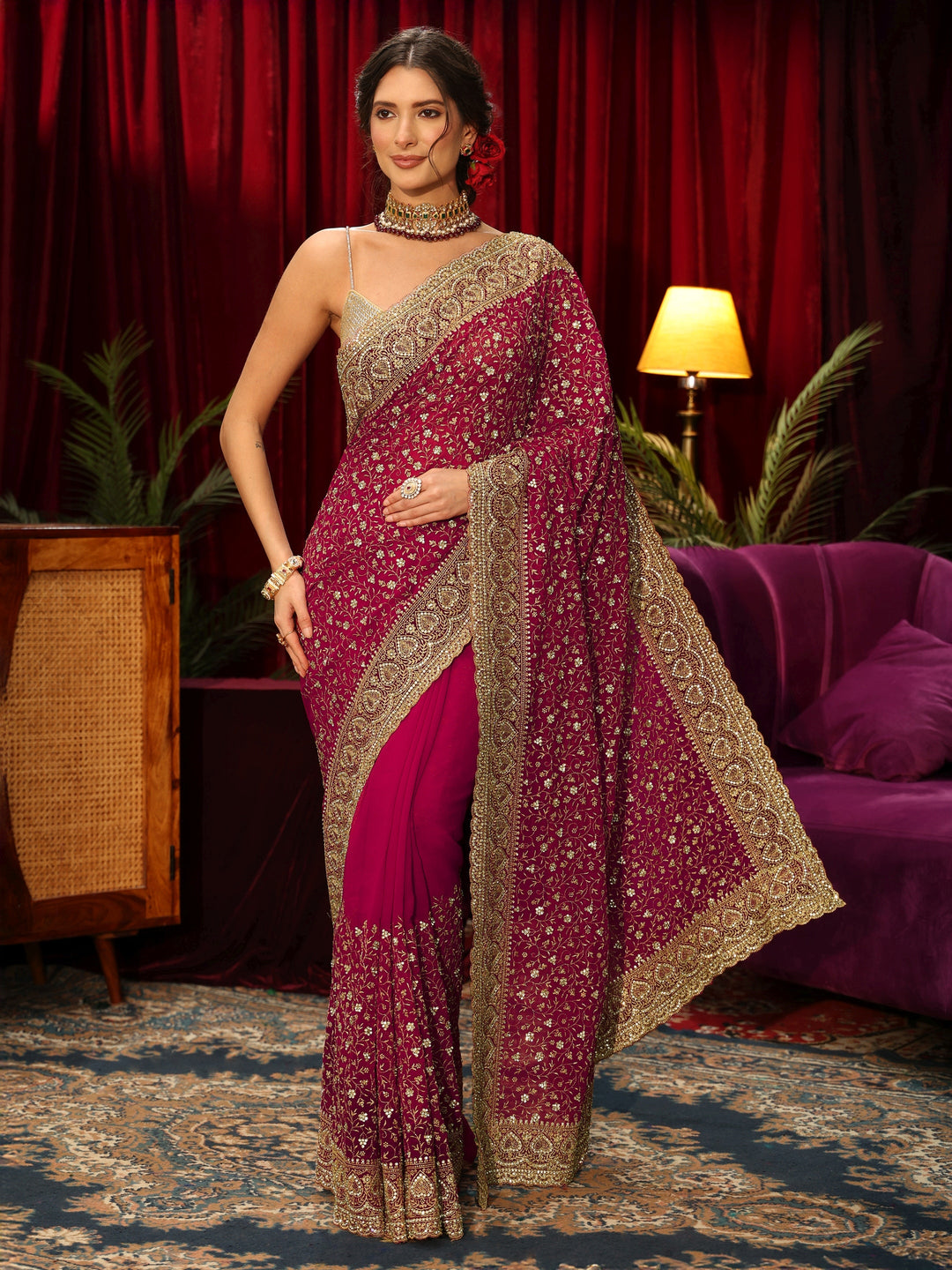  Libas Art Rani Pink Stone Work Georgette Saree 