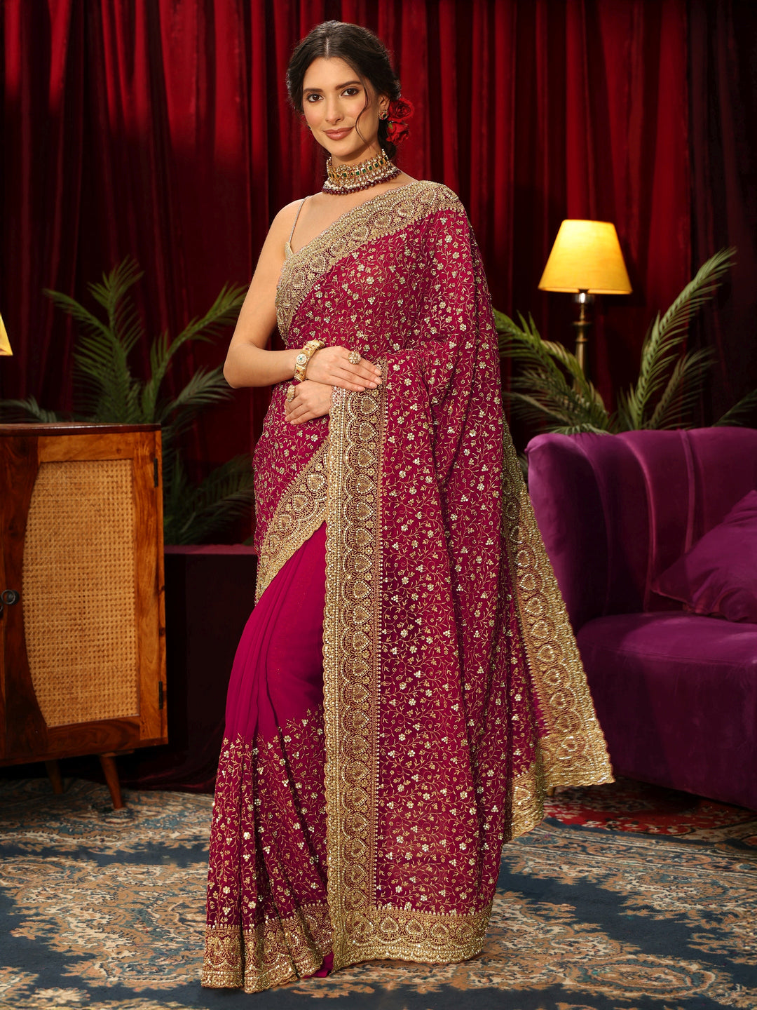  Libas Art Rani Pink Stone Work Georgette Saree 