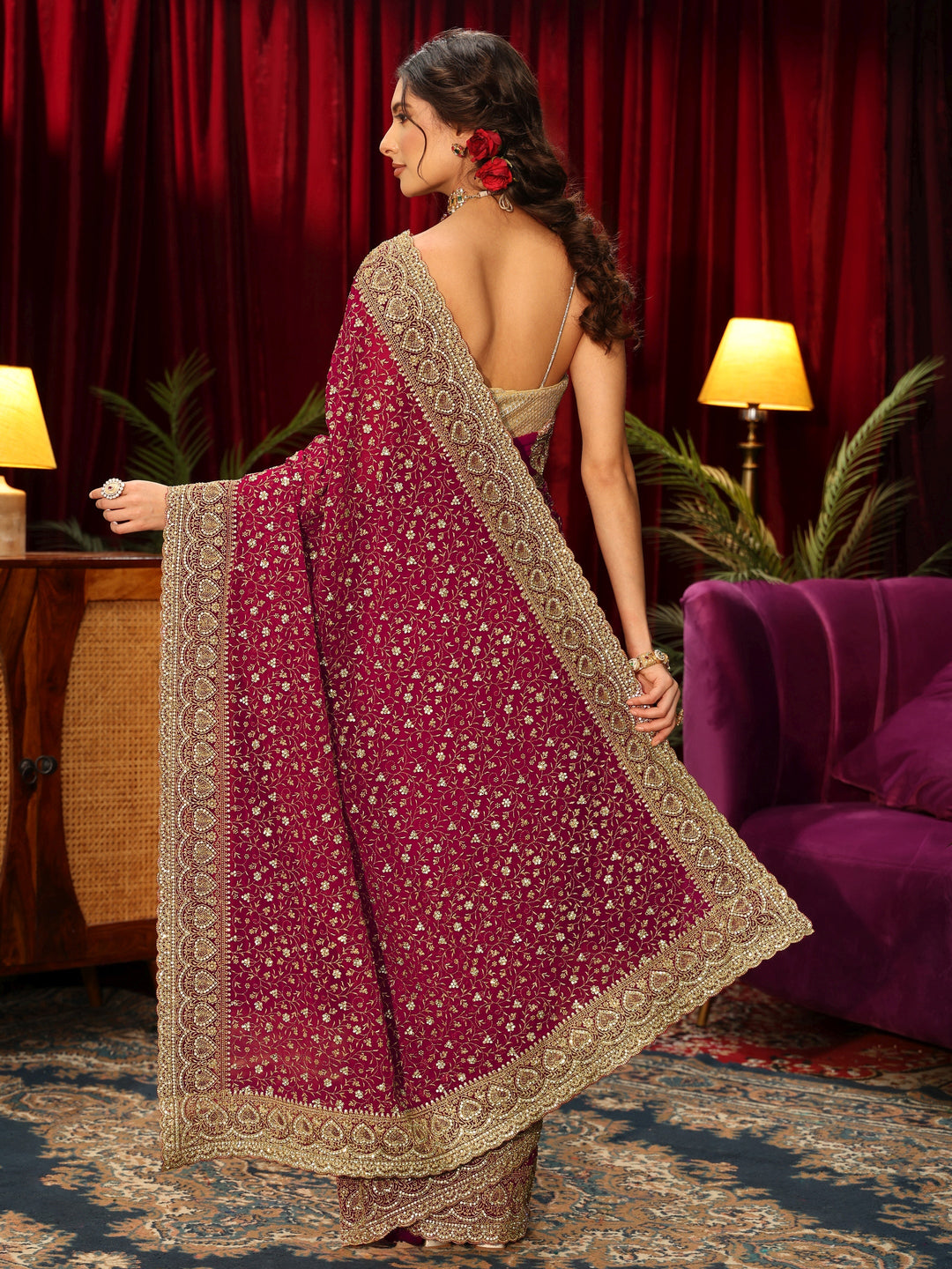  Libas Art Rani Pink Stone Work Georgette Saree 