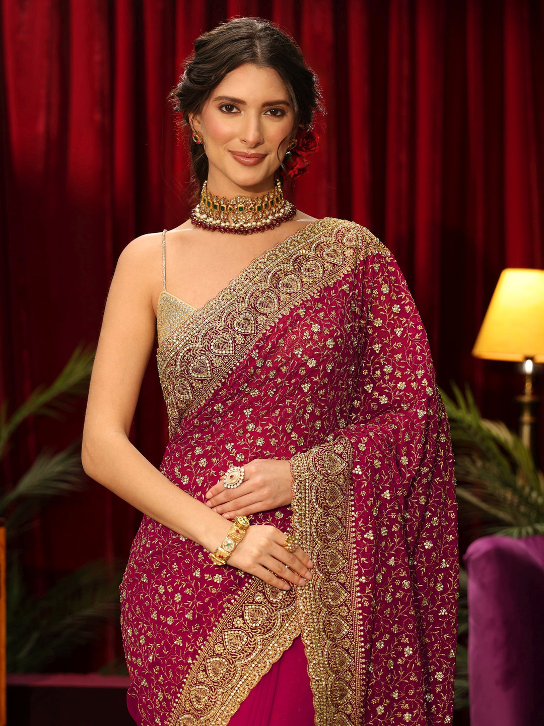  Libas Art Rani Pink Stone Work Georgette Saree 