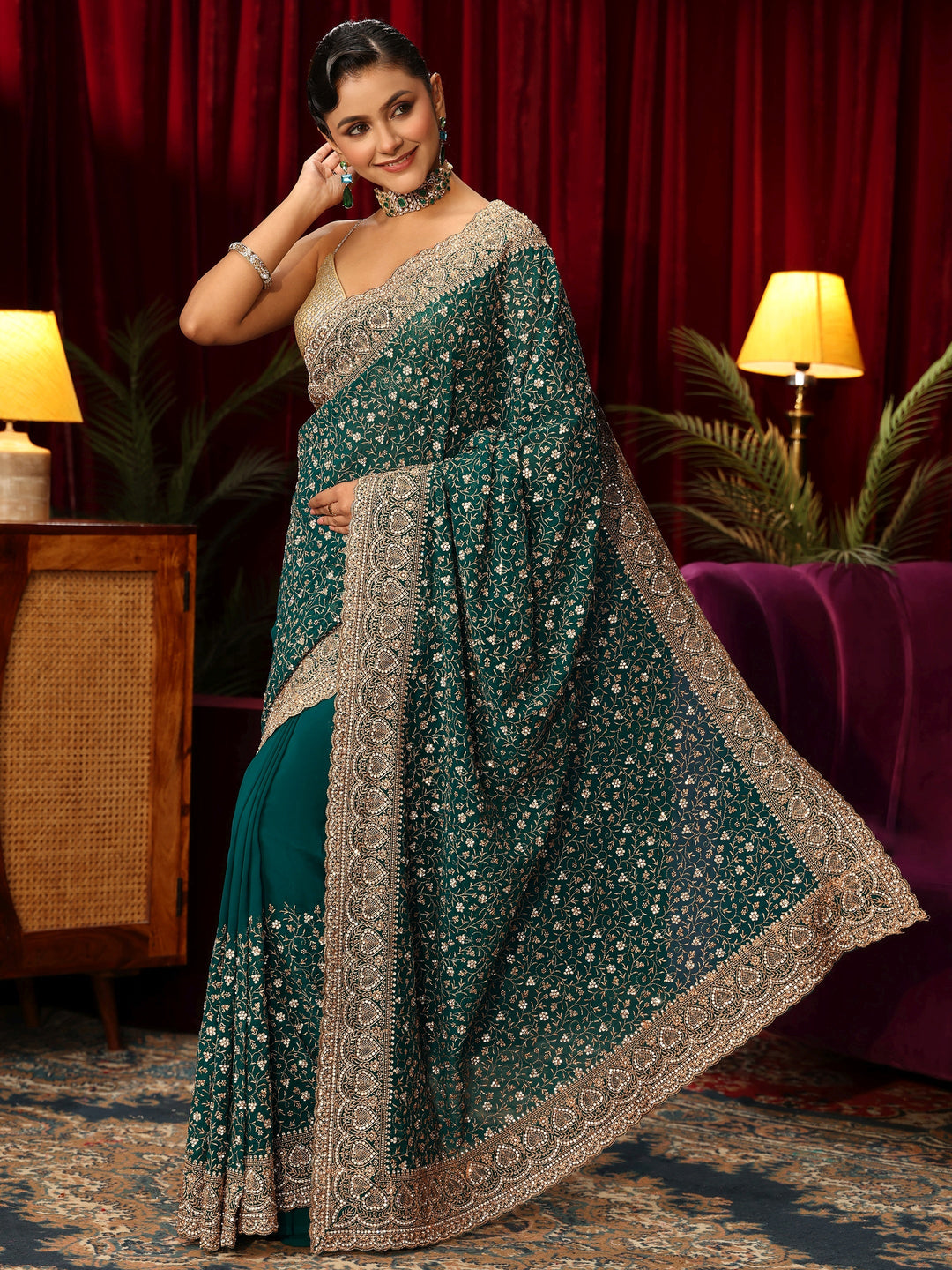  Libas Art Teal Green Floral Stone Work Georgette Saree 