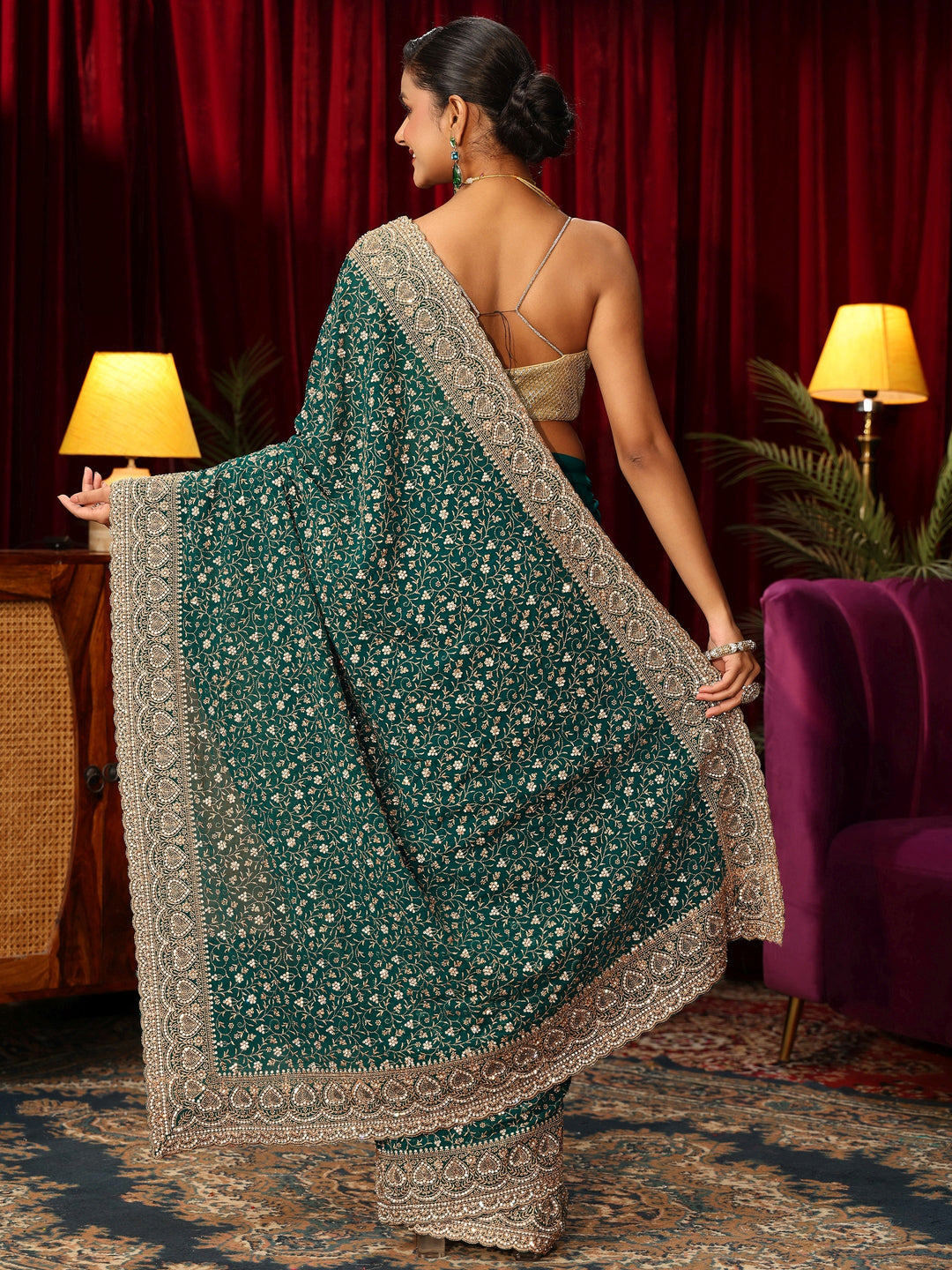  Libas Art Teal Green Floral Stone Work Georgette Saree 
