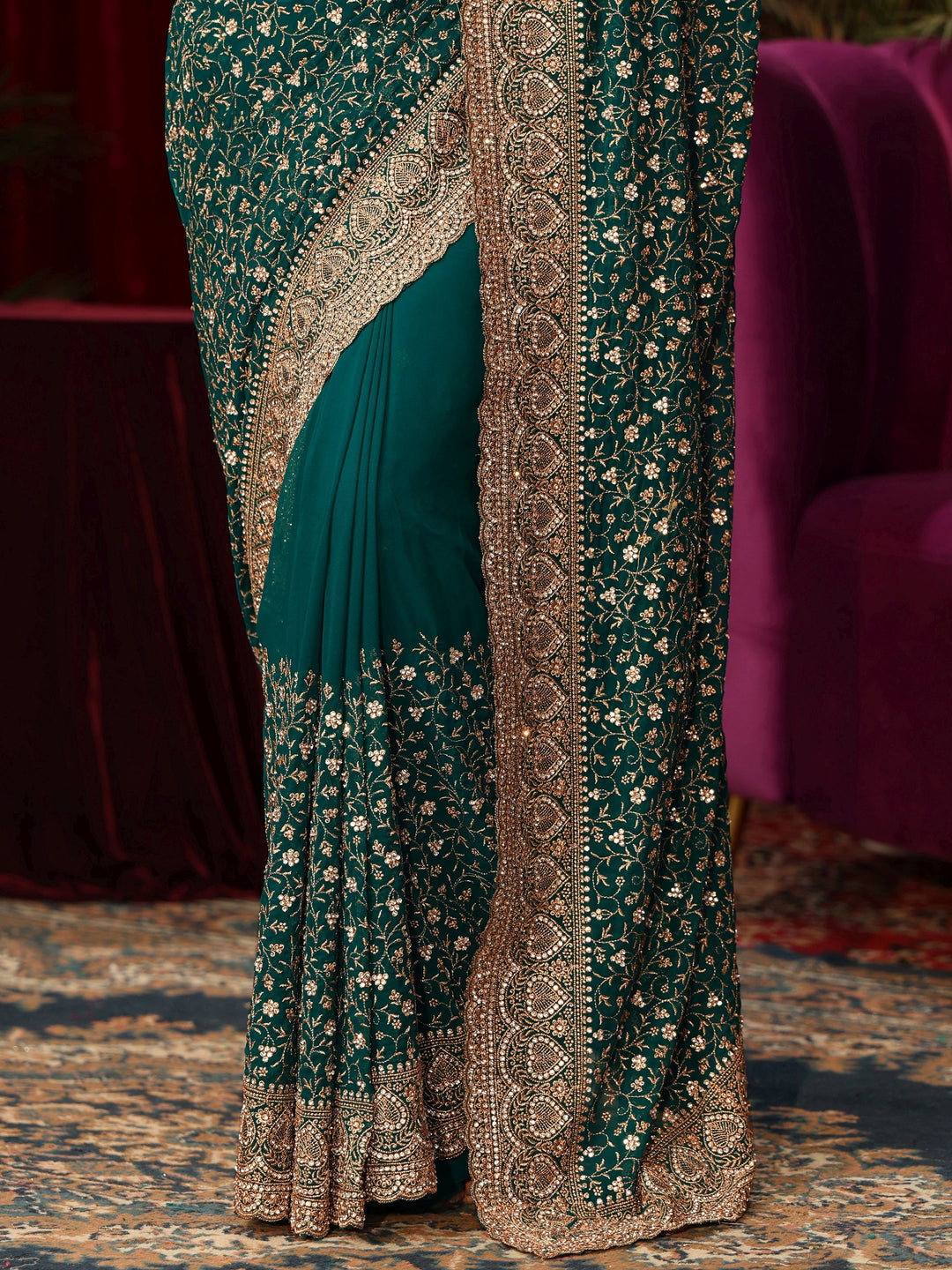  Libas Art Teal Green Floral Stone Work Georgette Saree 