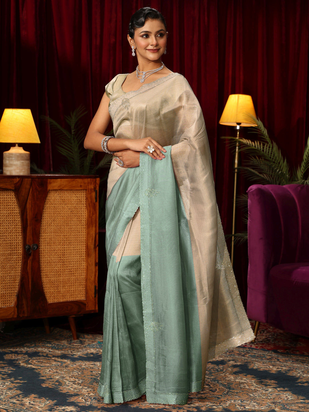  Libas Blue Solid Tissue Saree 