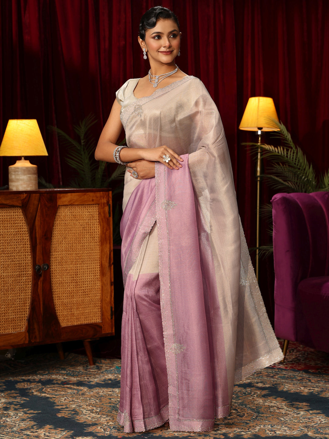  Libas Pink Tissue Saree with Embellished Border 
