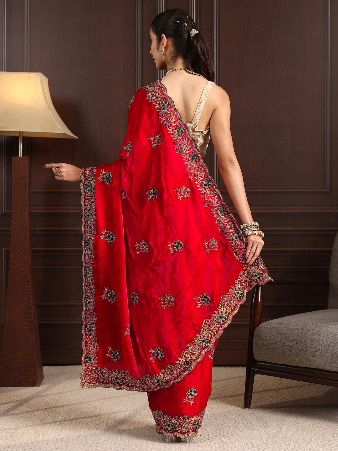  Libas Red Floral Stone Work Embellished Tissue Saree 