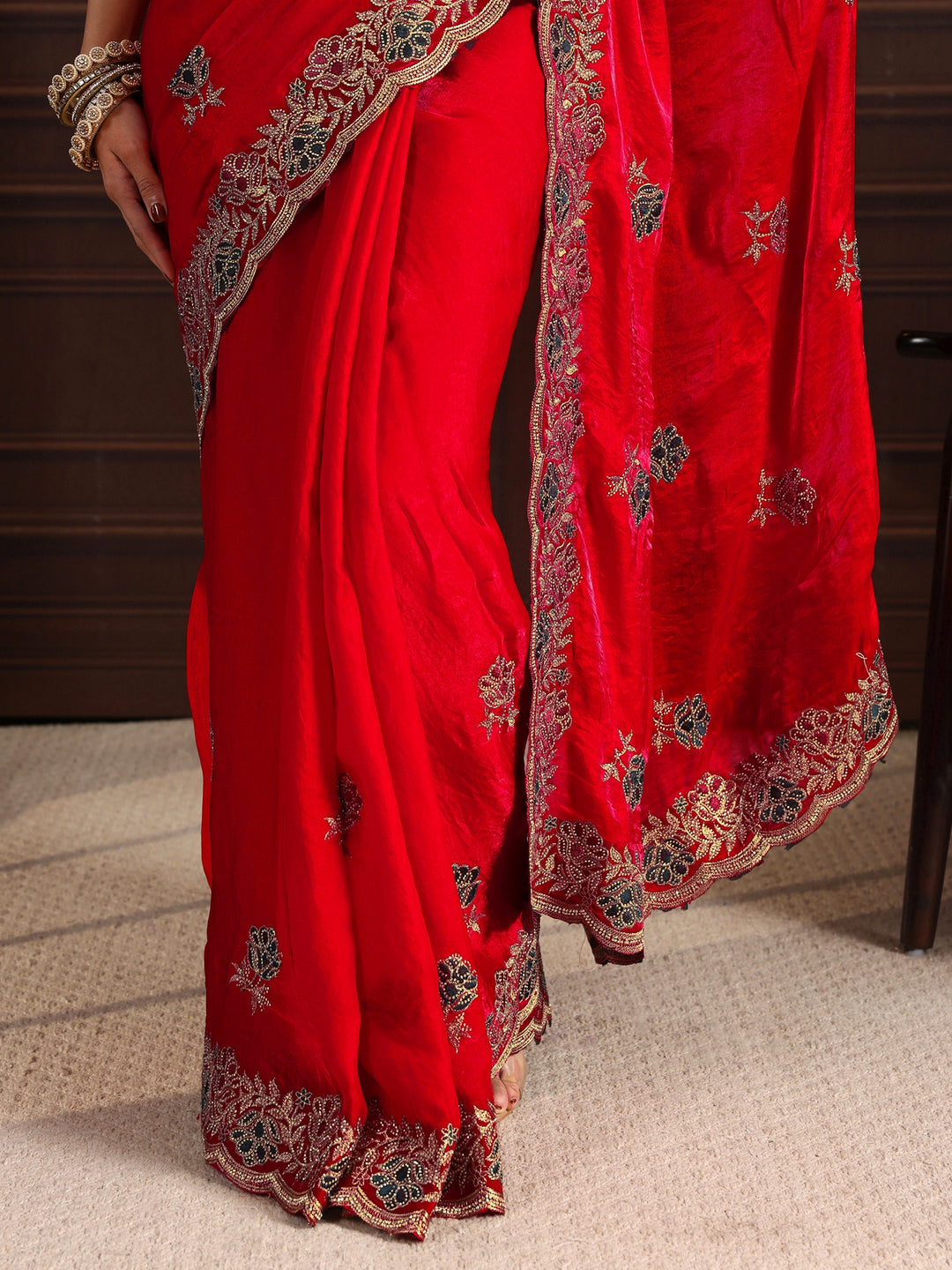  Libas Red Floral Stone Work Embellished Tissue Saree 