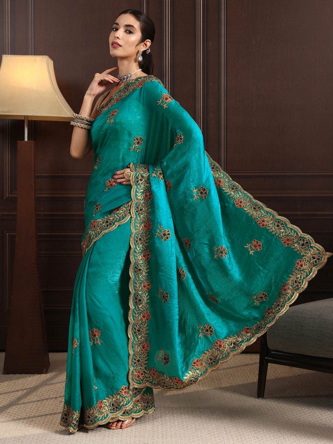  Libas Sea Green Floral Stone Work Embellished Tissue Saree 
