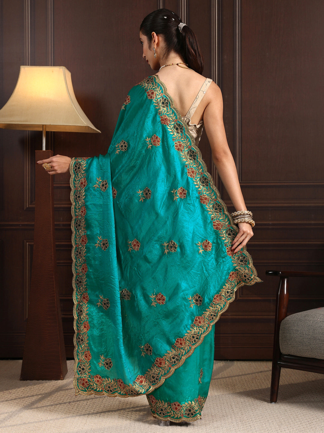  Libas Sea Green Floral Stone Work Embellished Tissue Saree 