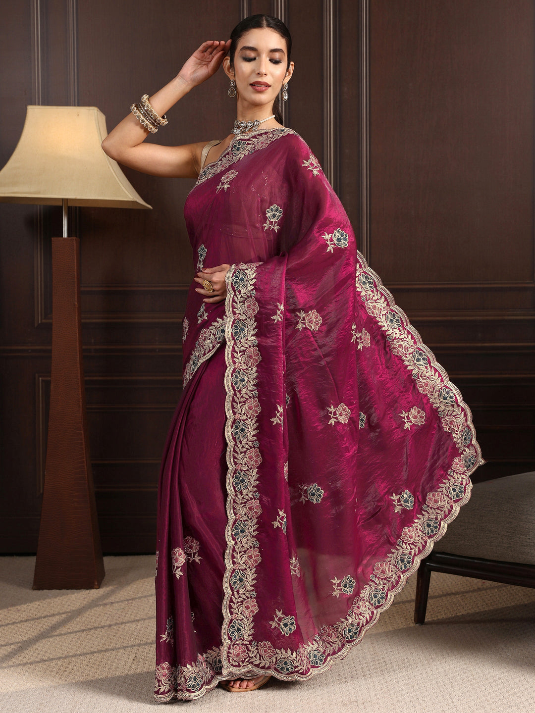  Libas Maroon Floral Stone Work Embellished Tissue Saree 