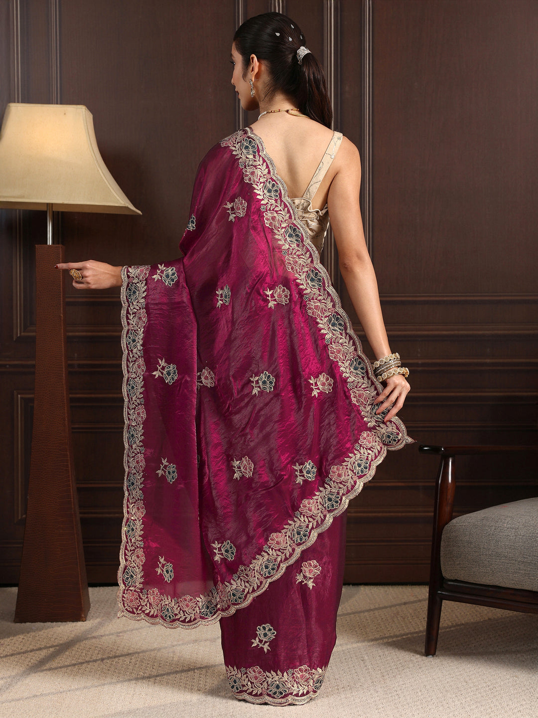  Libas Maroon Floral Stone Work Embellished Tissue Saree 