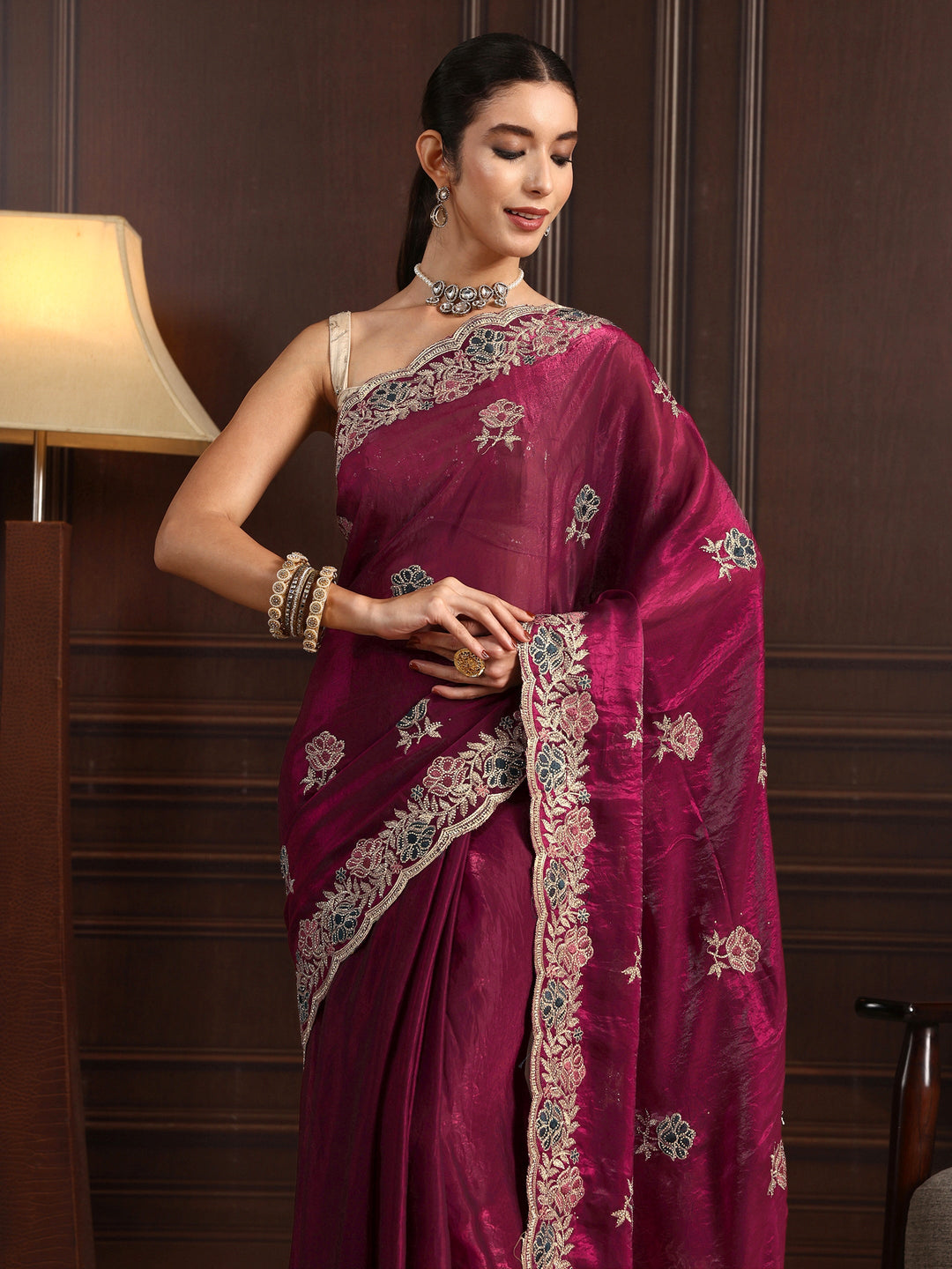  Libas Maroon Floral Stone Work Embellished Tissue Saree 